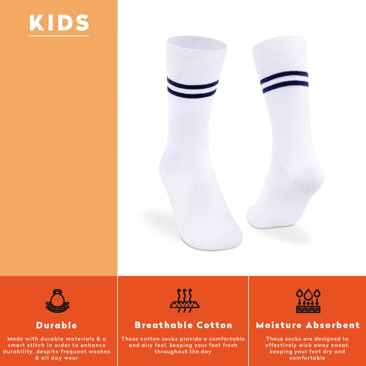 Supersox Regular School Uniform White Socks With Navy Stripe for Kids, Made with Breathable, Anti Odour & Moisture Absorbent Combed Cotton with a Extra Durable Welt, Ideal For All Day Wear (Pack Of 5) - Image 5 thumbnail