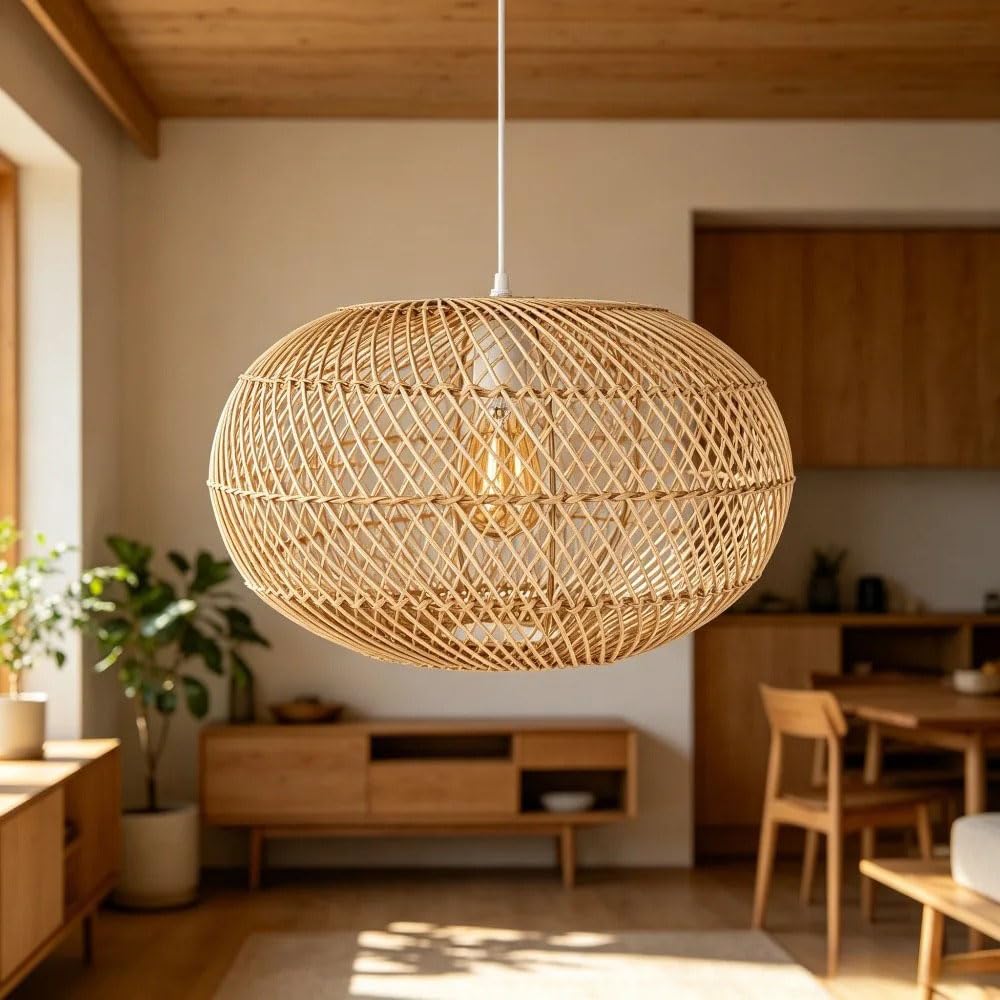 XQIDIANAA Large Rustic Pendant Light, Boho Rattan Hand Woven Hanging Lighting Fixture, Wicker Coastal Farmhouse Chandelier for Kitchen Island Dining Room Bedroom Living Room Entryway Foyer