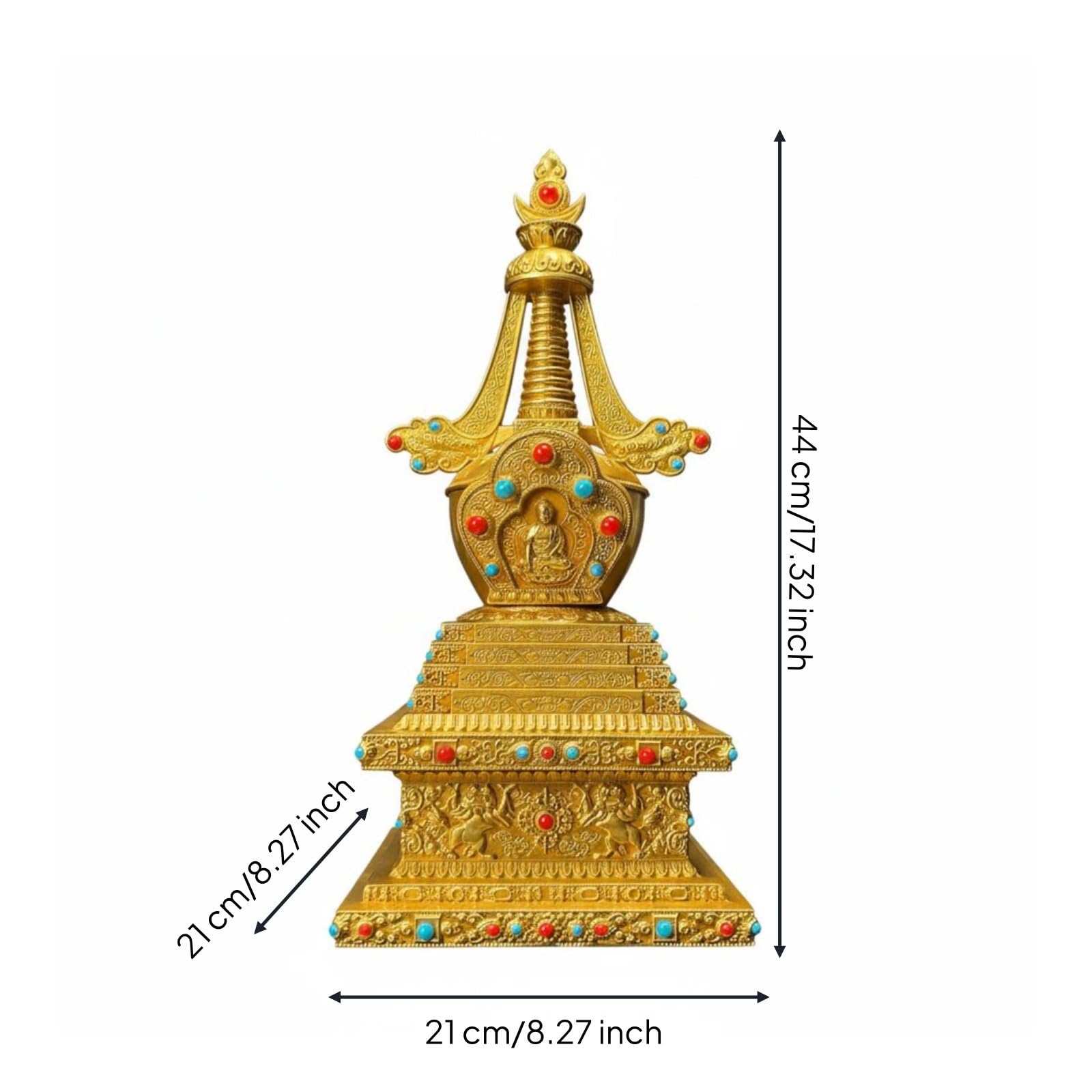 Pagoda Budista Stupa Torre Estatua Escultura de Latón con Detalle Geométrico y Incrustaciones Presencia Serena para Espacio Adecuada para Altar, 21cm 21cm 44cm, Torre Shenbian