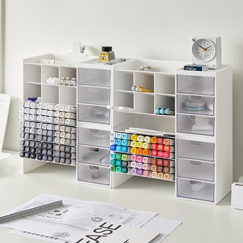 Organiseur de marqueurs empilable avec tiroir à 6 grilles inclinées pour stylos de bureau Porte-stylo Porte-papeterie Support de rangement