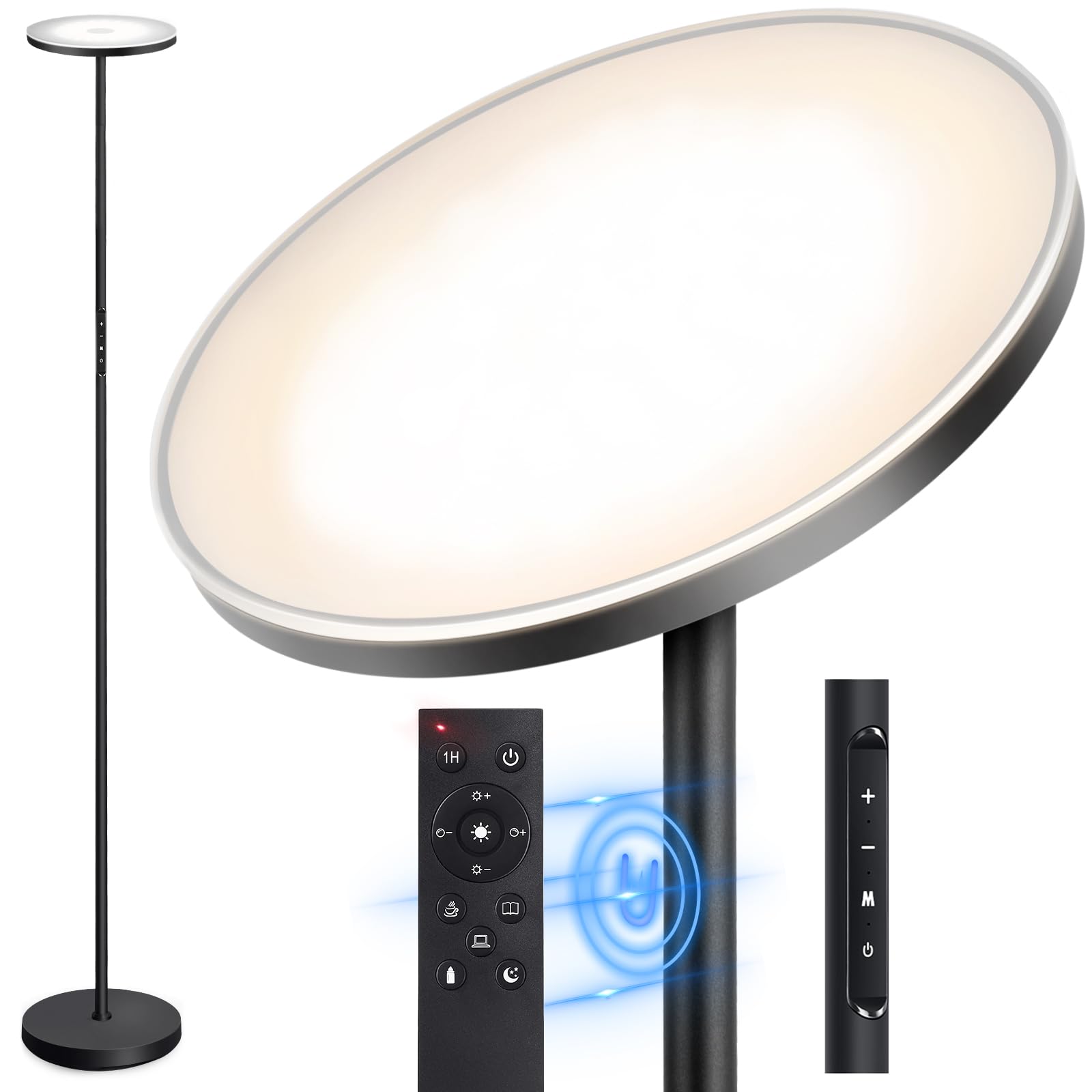 OUTON Lampada da Terra LED, 36W/3000LM 126 LED Lampada da Pavimento Moderna, 3000K-6500K Dimmerabile con Controllo Remoto e Tocco, Timer 1H, Piantane da Salotto Ideale per Soggiorno Ufficio(Nero Cool)