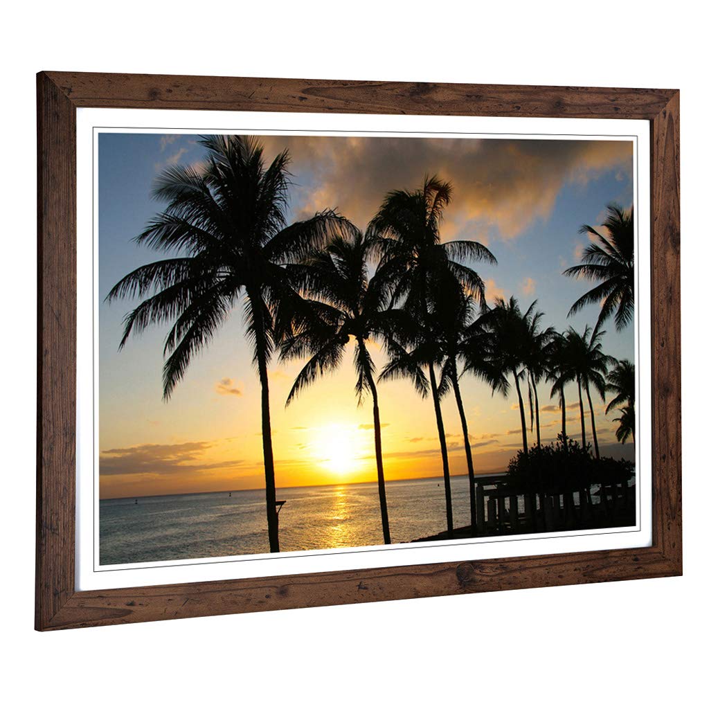 Big Box Art Framed Print of Seascape Hawaii Sunset Palm Trees Design | Wall Art Picture | Home Decor for Kitchen, Living Room, Bedroom, Hallway, Walnut, A2 / 24.5x18 Inch / 62x45cm