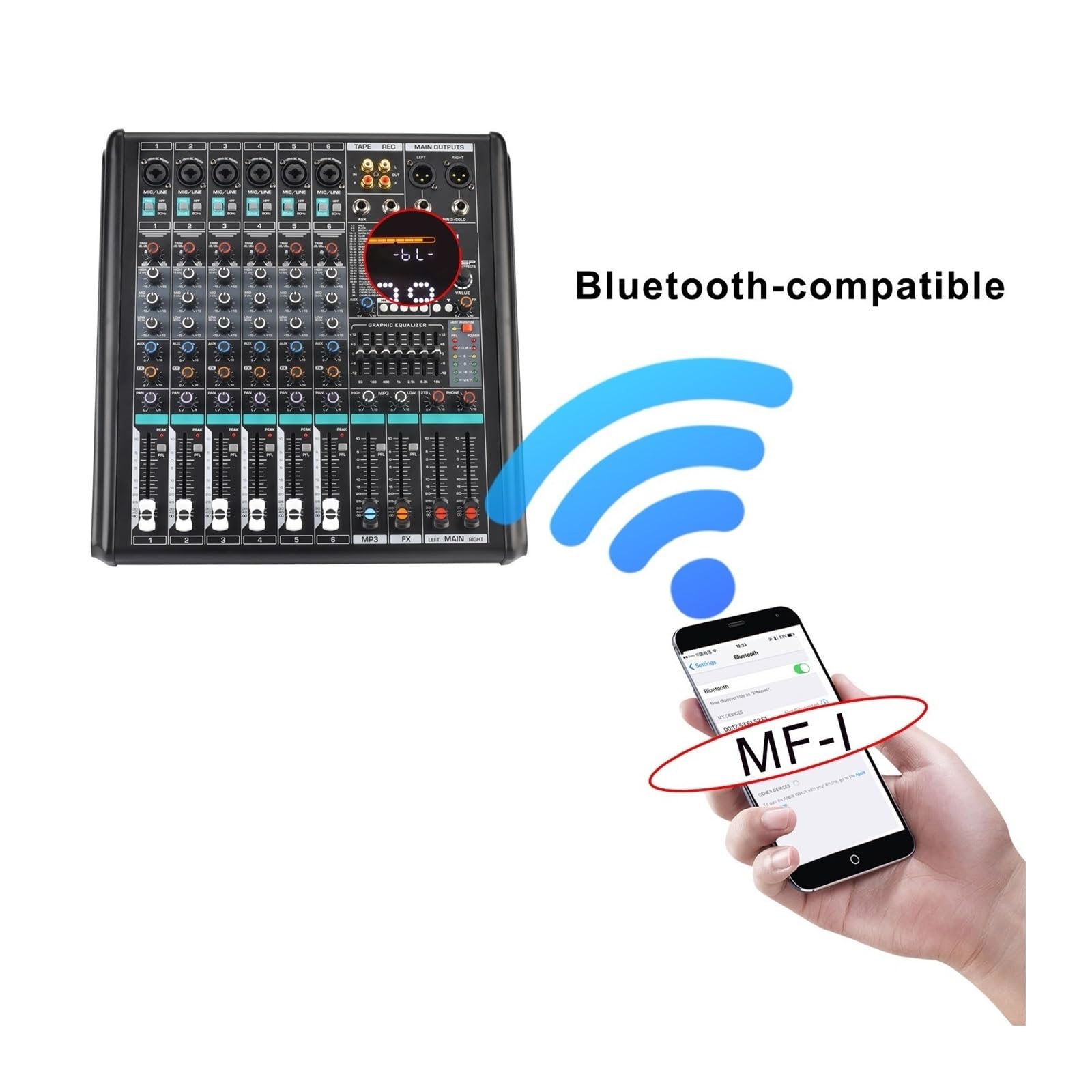 Audiomixer, 6 Mono-Kanal-Mischpult-Monitor Low Cut 99 DSP-Effekt-PAD Audio-Sound-Mixer 7-Band-EQ USB-Aufnahme für Studio-Karaoke
