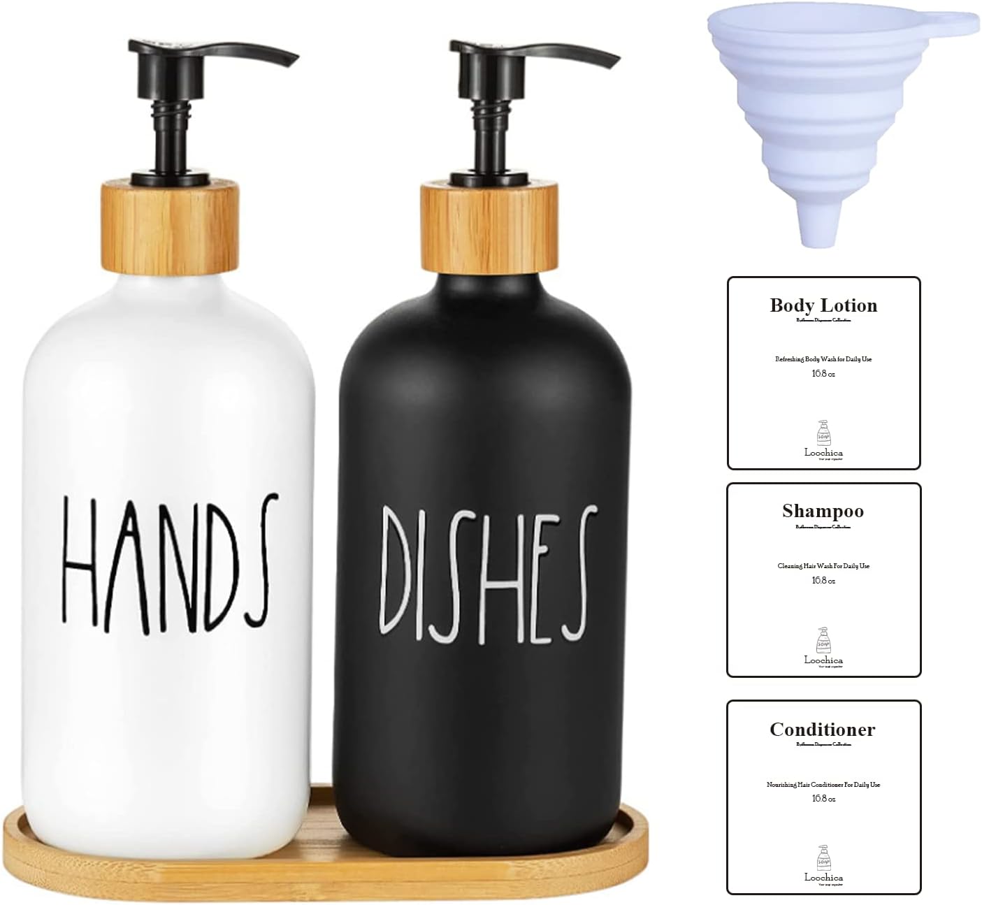 LOOCHICA 2 Pack Glass Soap Dispenser Set with Tray, Hand