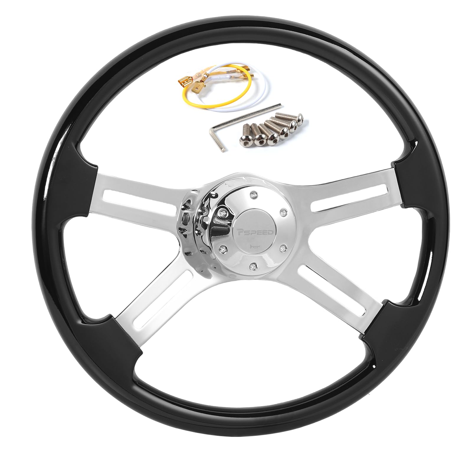 18" Solid Wood lacquering Truck Steering Wheel,5-Bolt 4-Spoke Design Gloss Black Fit for Kenworth for Peterbilt for Freightliner for Volvo and for Semi-trailer and Truck with Horn Button