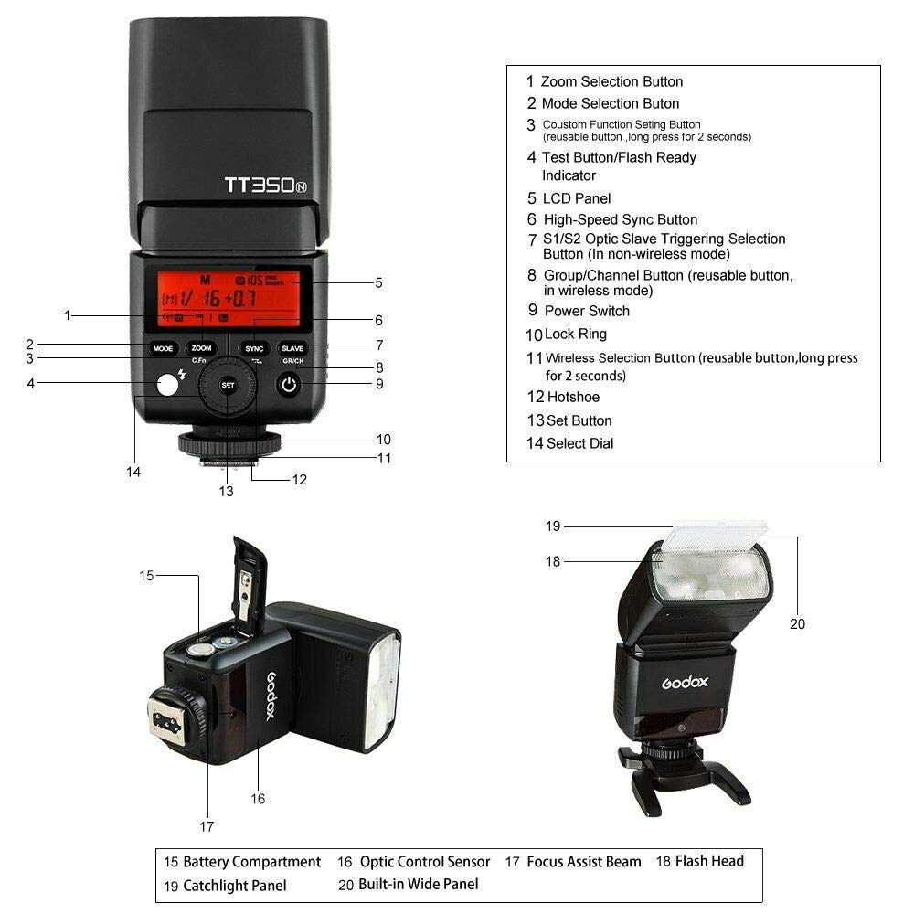 Godox TT350N Flash Thinklite TTL Speedlite 2.4 G HSS 1/8000s GN36 Compatibile per Nikon D810 D800 D750 DSLR D700 D610 D7100 D5200 D90 e Senza Specchio Digital Fotocamera