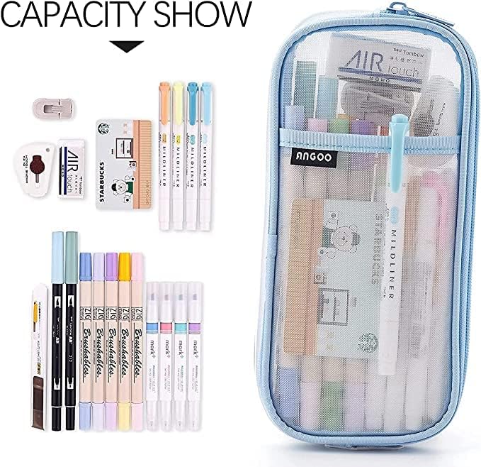 Mincer Durable Storage Multiple Compartment Double Zipper Portable Capacity Pencil Net Pouch | Study Pencil Pouch Mesh Transparent Case (Pack of 1) (Blue) 3