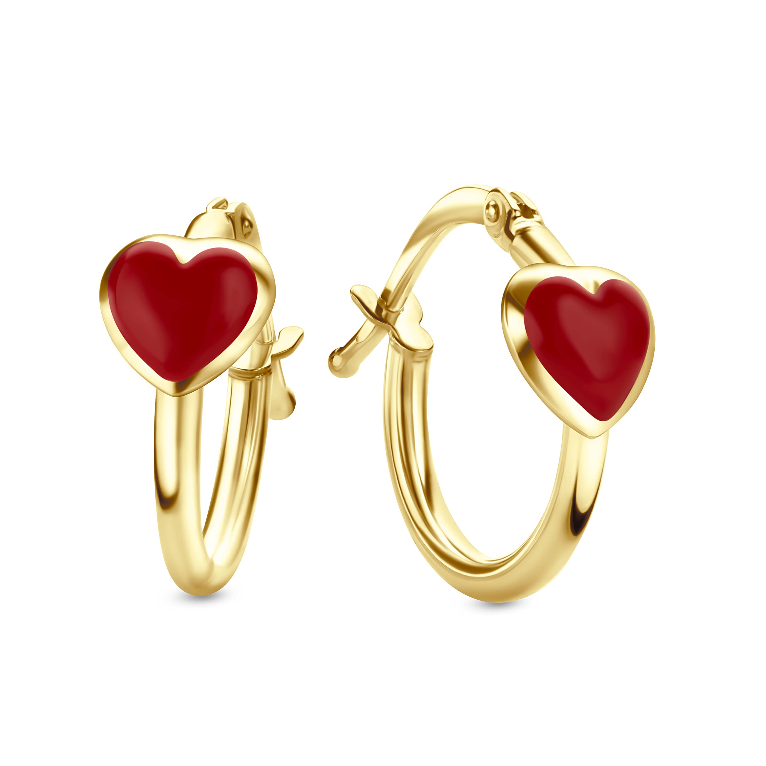 Miore Kids orecchini a cerchio a forma di cuore rosso per bambini in oro giallo 9 kt 375 ⌀ 14 mm