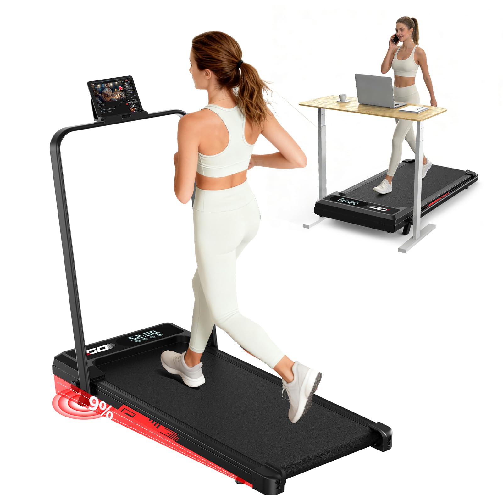 Laufband klappbar elektrisch mit 9% Steigung, leises Walking Pad mit 1-10 km/h, bürstenloser 3,0-PS-Motor, LED-Anzeige, Stoßdämpfung, bis 140 kg belastbar, für Zuhause und Büro