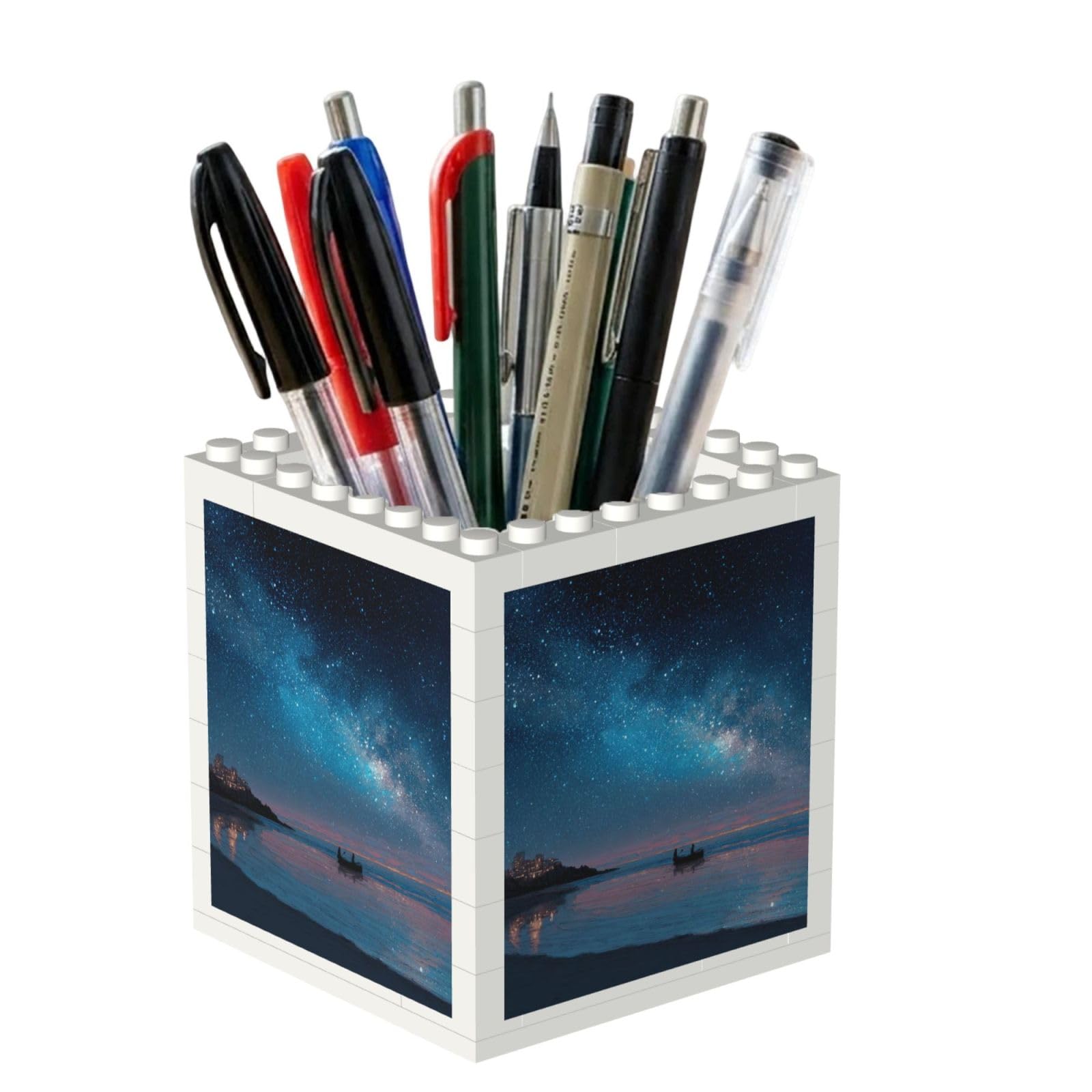 ESNAIUVCD Seaside Starry Sky Print Building Block Pen Holder - Pencil Holder For Desk/Classroom,Desk Accessories, Multifunctional Office Supplies Pen Organizer Pencil Cups(2pcs)