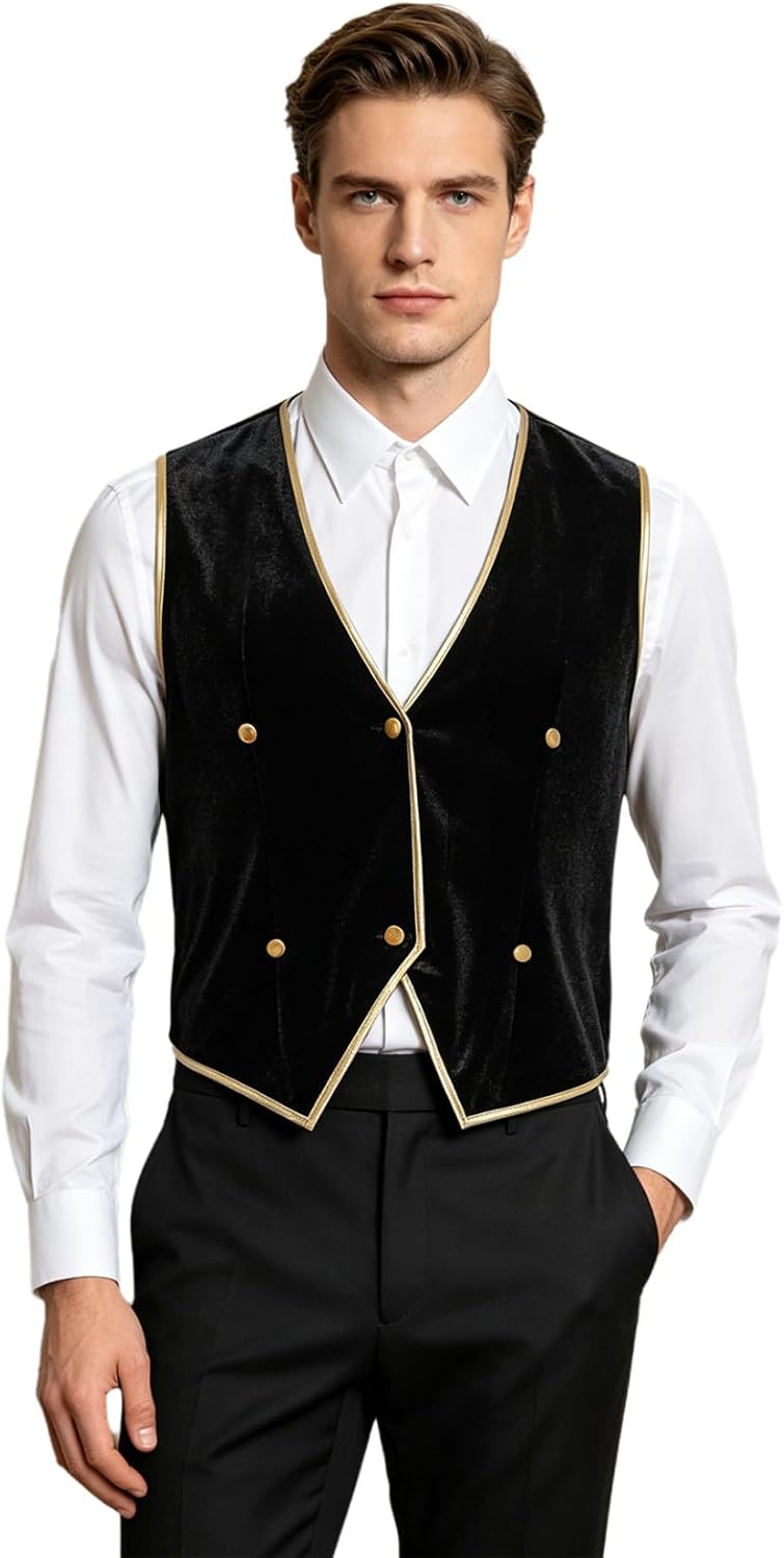 DINORMIN Men's Velvet Vest V Neck 6 Buttons Tailcoat Slim Fit Waistcoat for Halloween Cosplay