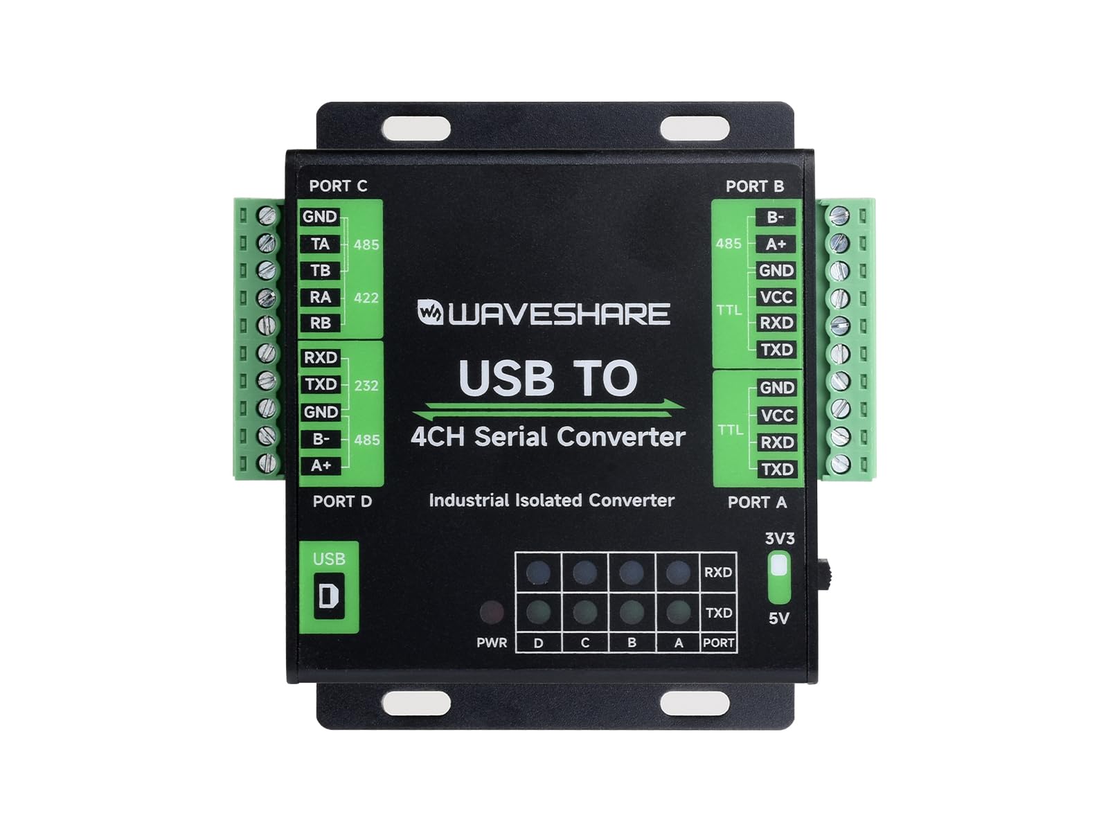 Waveshare Industrial USB to 4-Ch Serial Converter, Original FT4232HL Chip, Supports USB to RS232/485/422/TTL, Multiple Devices Applicable, Multi-OS Compatible
