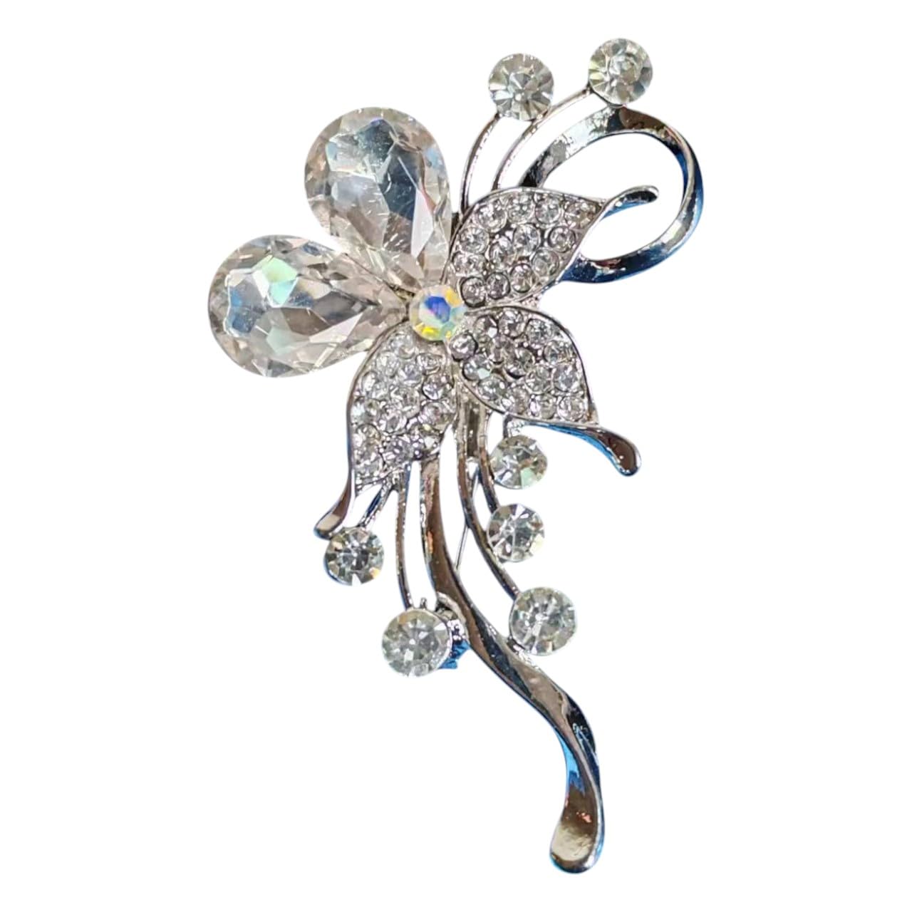 Silver Crystal Drop Bow Flower Brooch Pin, Alloy, Modern Style, 4x4x2 Centimeters, Lobster Claw Clasp-image-43