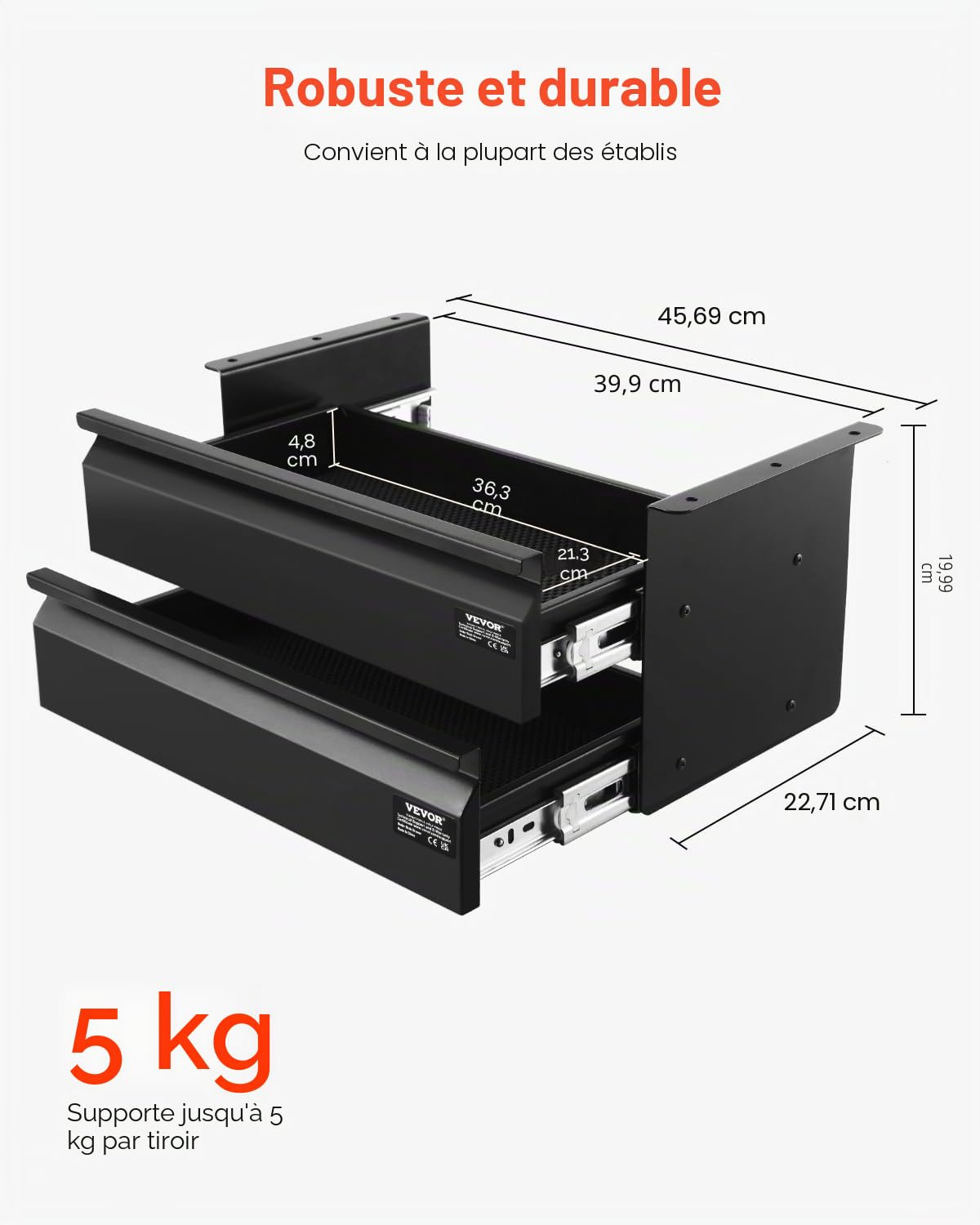 VEVOR Tiroir Coulissant sous Bureau, 457x227x200 mm, Tiroir Organisateur de Rangement sous Bureau Caché à 2 Couches, Capacité de Charge 5 kg, pour Maison sous Table, Poste de Travail Assis-debout