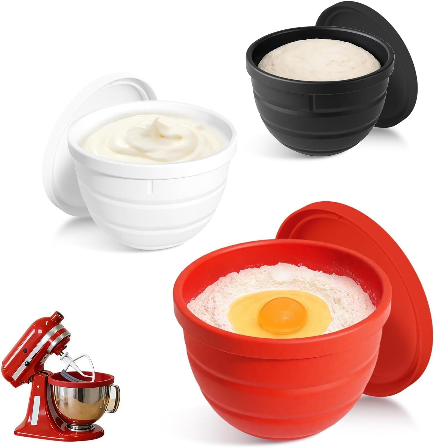 4.5 Qt Foldable Tilt-Head Silicone Liners for kitchenaid Stand Mixer, Silicone Bowl Liners with Lids, Kitchen Aid Accessories and Attachments for Baking and Cooking (3pcs Black+Red+White)