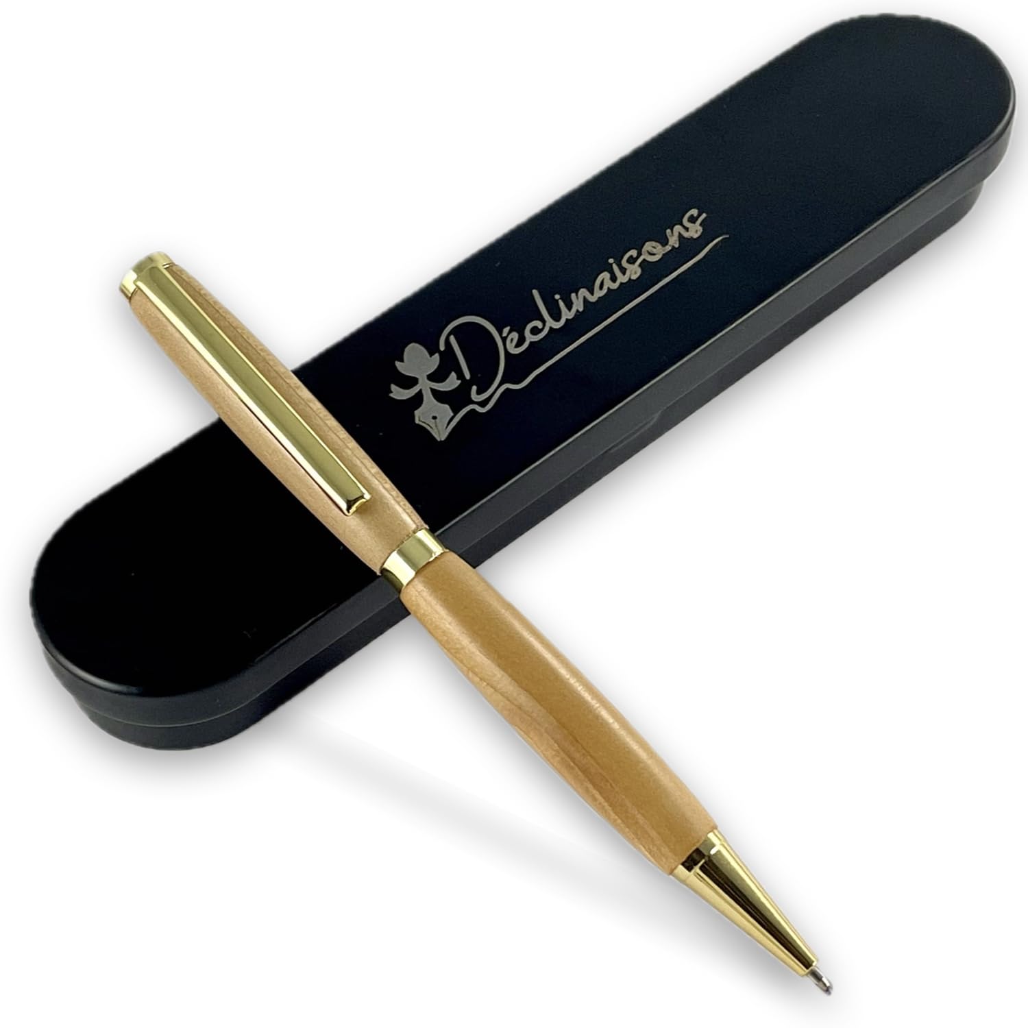Stylo bille artisanal bois de Cèdre Français fait main en France – Gravure personnalisable – Coffret métal – Cadeau