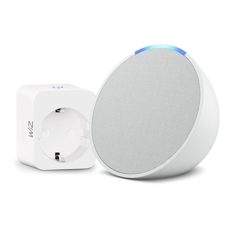 Echo Pop | Bianco ghiaccio + WiZ Presa intelligente, compatibile con Alexa - Kit di base per Casa Intelligente