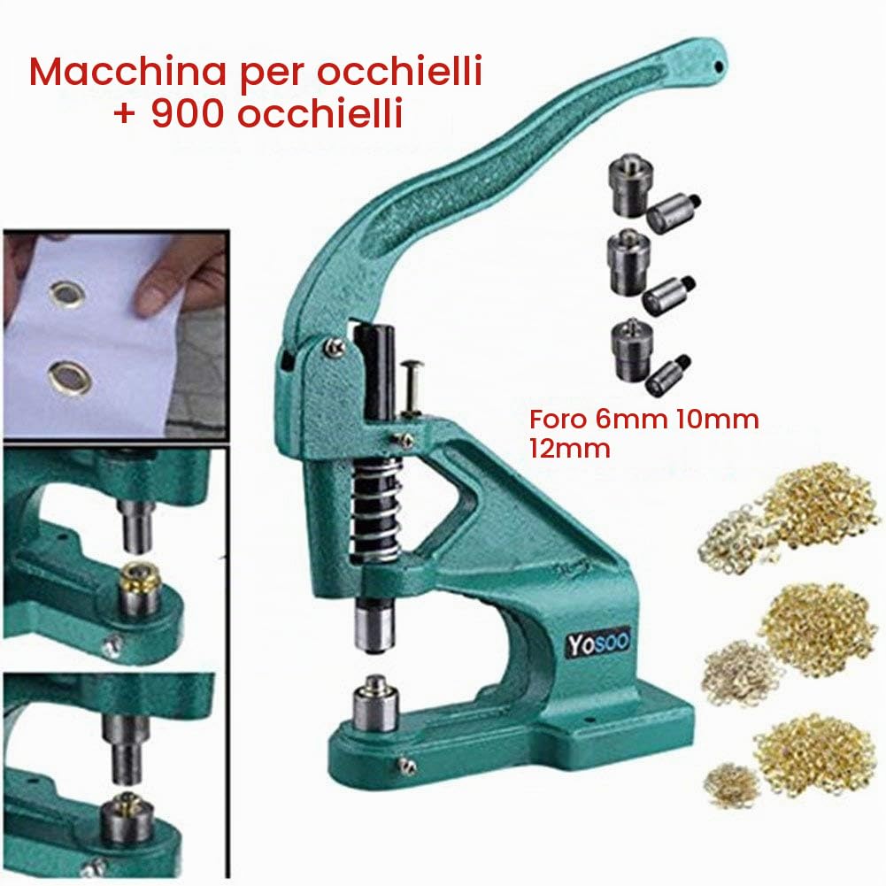 GOTOTOP riveteuse Macchina con Occhielli Pinza perforeuse Professionale con 3 matrici e 900 con Occhielli 6 mm/10 mm/12 mm per DIY Decorazione Artigianato Cucito Tenda Abbigliamento Borsa tettoia