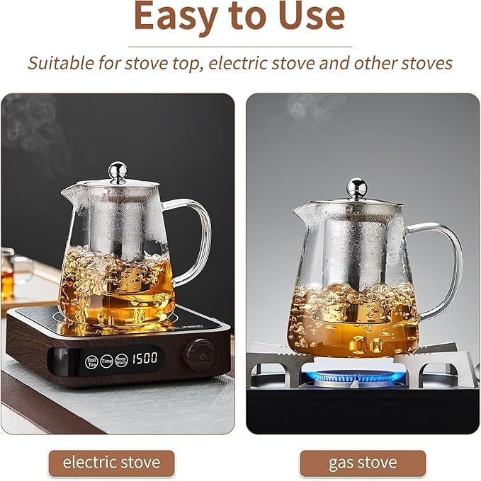 Image of Borosilicate Glass stovetop Kettle with Stainless Steel Infuser teapot to Infuse Tea Coffee Black Tea harbal kadha Tea Pot for Making Green Tea (550 ML Tea Kettle)