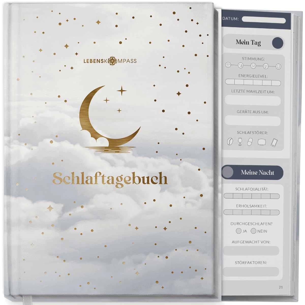 LEBENSKOMPASS® Schlaftagebuch Cozy - Undatiertes 12-Wochen-Journal zur Dokumentation der Schlafgewohnheiten mit Reflexionsfragen, Übungen und Tipps - DIN A5 Hardcover mit Goldveredelung, 120 Seiten