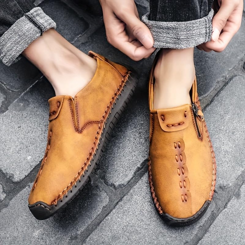Men's Loafer Shoes with Side Zipper, Comfy Non-Slip Slip On Shoes, Men's Leather Shoes, Breathable Comfortable Casual Shoes3