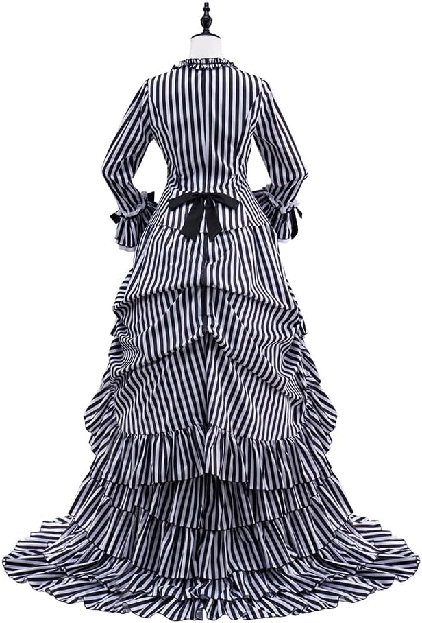 Gothic Victorian Bustle Dress Vintage Black and White Stripes Medieval Ball Gown Renaissance Costume for Women