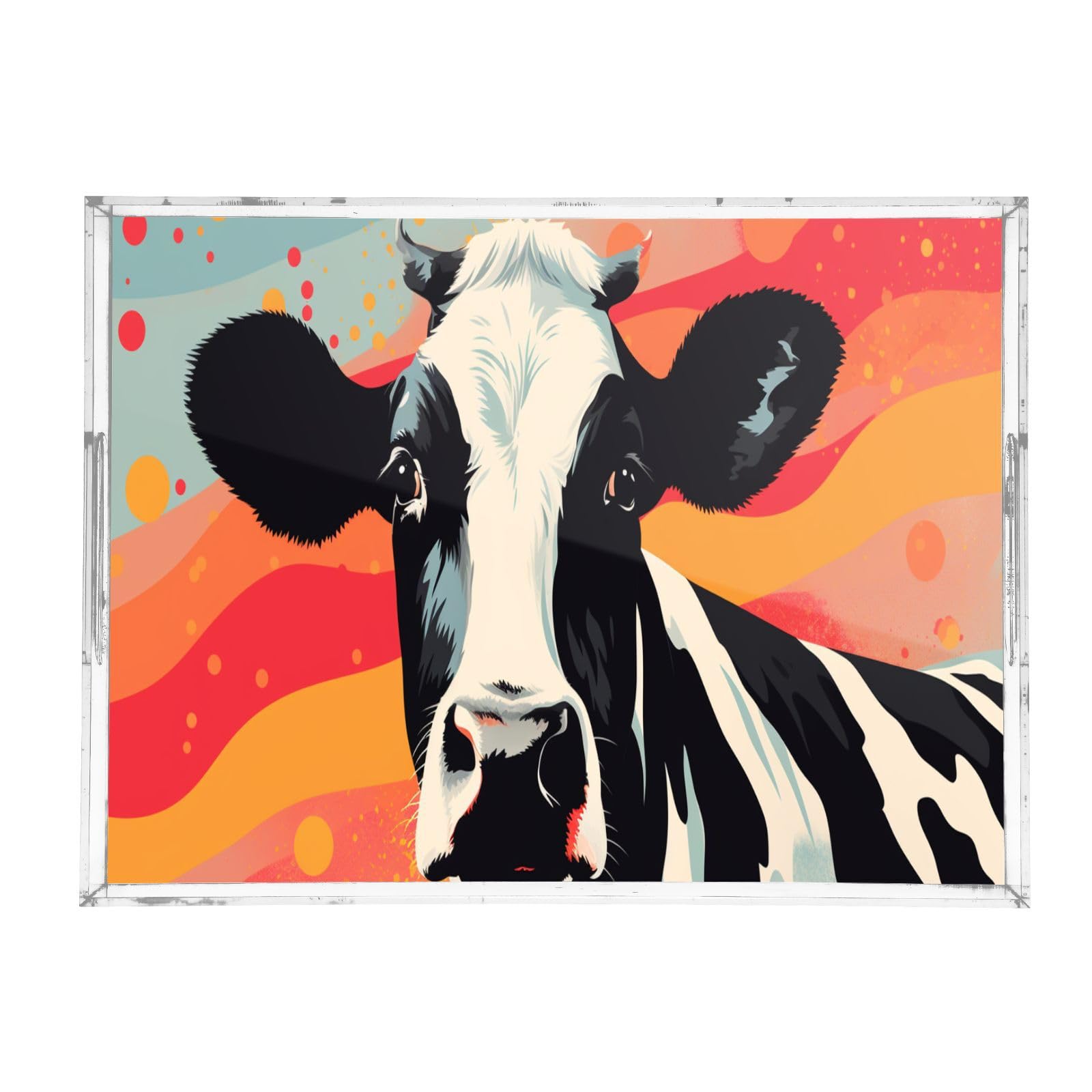 IOACIY Clear Serving Tray 12x16 Inches Acrylic Decorative Tray Organiser for Ottoman Coffee Table Countertop with Handles, Cow (19)