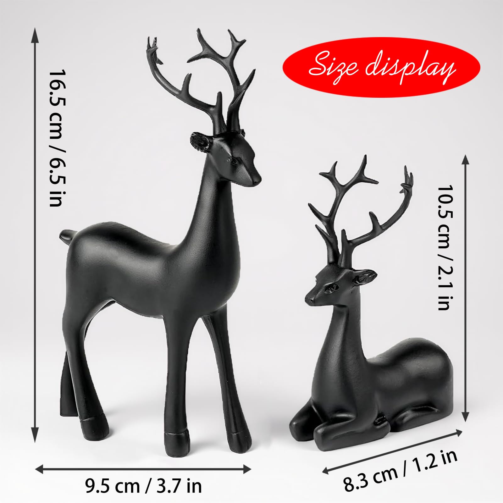 Condition photo showing Brand New for black small reindeer sculptures, 2 pcs matte black deer christmas decor, modern holiday deer statues, reindeer sculpture for living room, bedroom, office desktop, mantel, shelf & tabletop decor
