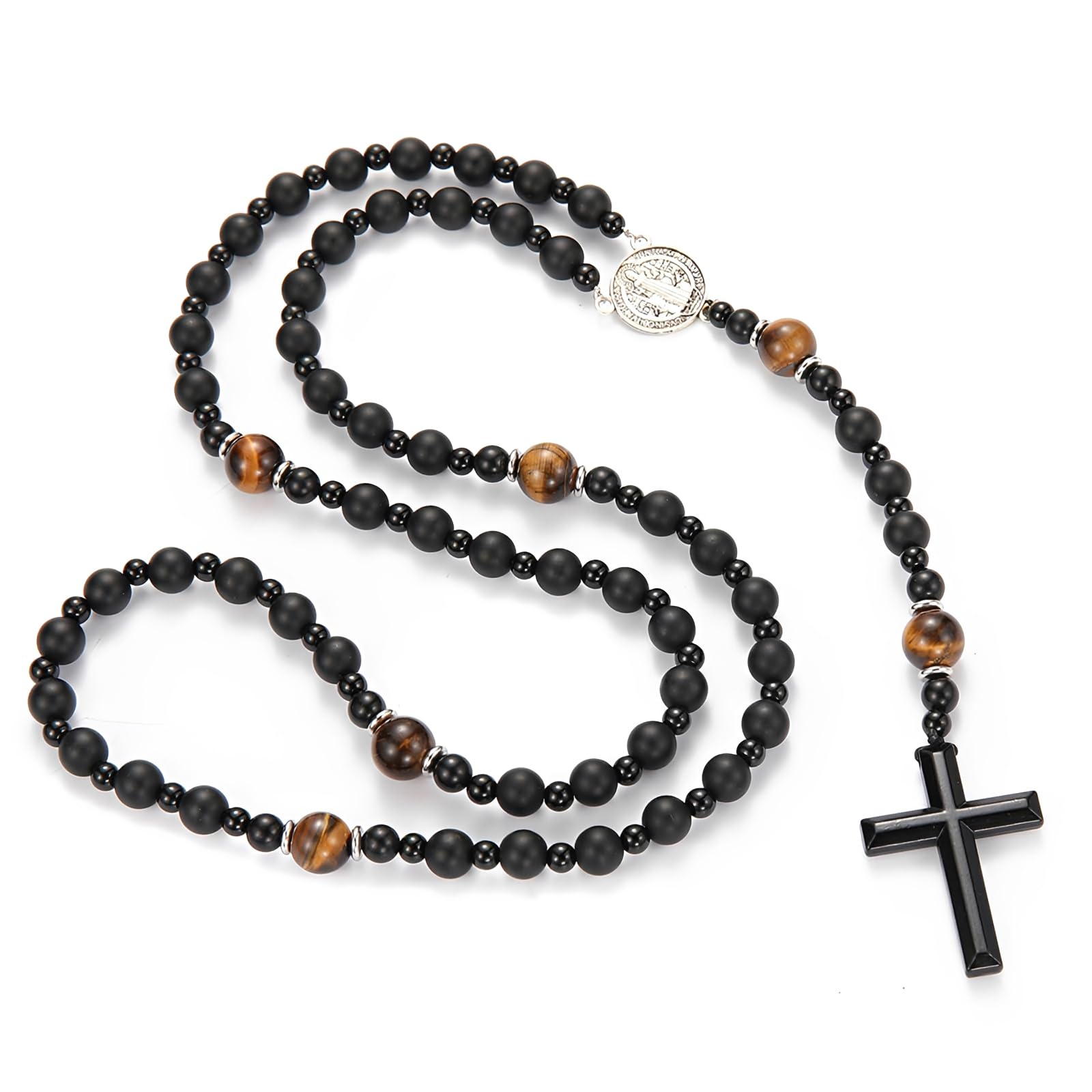 Rosario Cattolico con Pietra Vulcanica Nera Naturale, Collana Religiosa 65-70cm, Medaglia San Benedetto, Borsa Flanella
