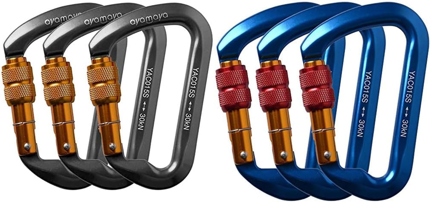 6 PCS 30kn Climbing Carabiner screwgate Locking Carabiner, Grey & Blue
