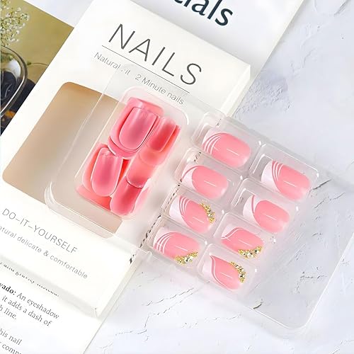 Miniatura 8 de Uñas postizas cuadradas cortas a presión, 24 piezas de uñas postizas blancas francesas con diamantes de imitación, juego de herramientas adhesivas