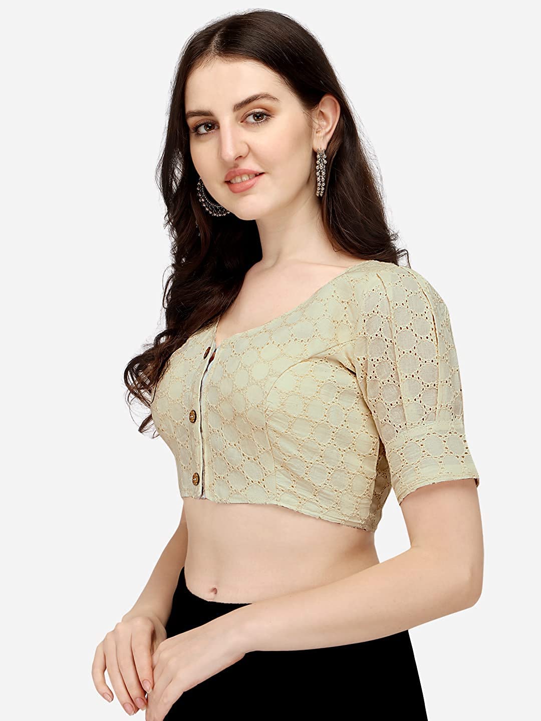 Pujia Mills Women's Cotton Chikankari Embroidery Work Readymade Saree Blouse (32, Dusty White)