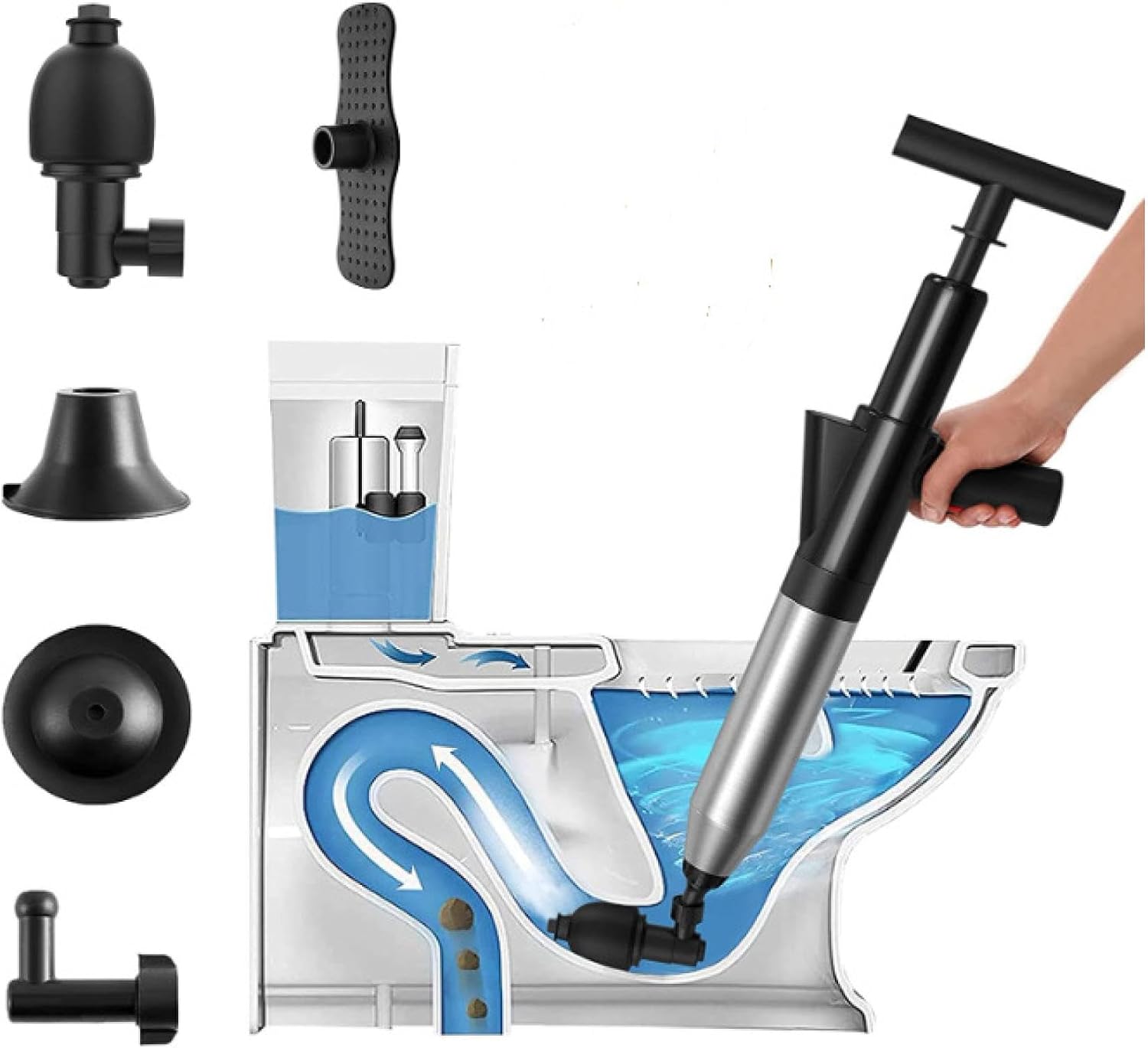 Toilet Drainer, Stainless Steel Bucket Toilet Pipe Unclogger Toilet Sewer Floor Leak Clogged High Pressure All-in-One One Shot StainlessSteelDrumGreen