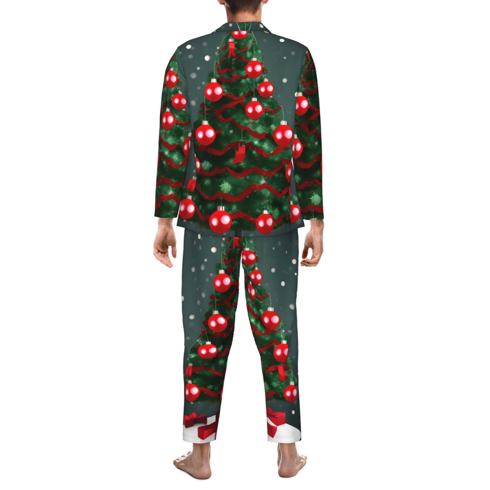 Herren-Pyjama-Set mit Weihnachtsbaum- und Ball-Aufdruck, langärmelig, zweiteilig, Hauskleidung, bequeme Nachtwäsche