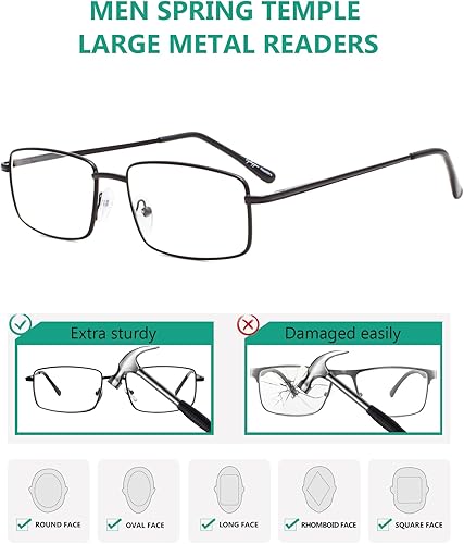 Miniatura 4 de Eyekepper Paquete de 3 lentes de lectura rectangulares de metal con templo de primavera para hombre, color negro +0.75