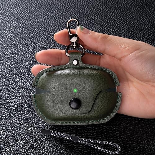 Image of Compatible with Sony WF-1000XM5 Case Cover with Keychain Hook Lanyard,Vintage Leather Case Designed for Sony Earbuds WF1000XM5 Case Cover (2023) for Women Men (Green)