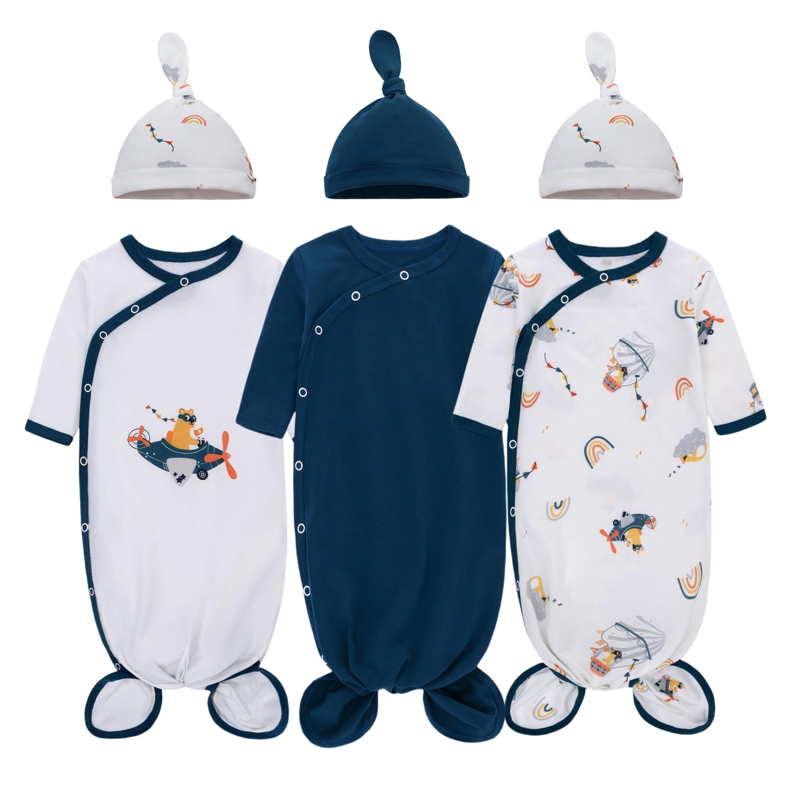LAT LEE AND TOWN Newborn Baby Knotted Gowns with Hat Set 3 Pack Infant Outfit Sleepers Gown Home Outfits Set (bear, M), Medium