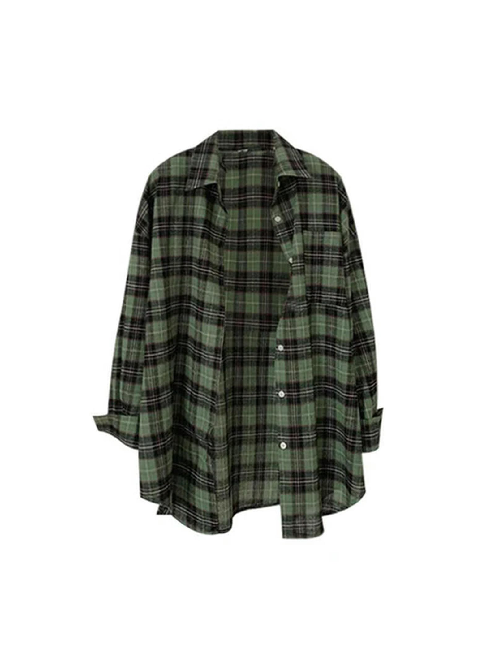 Camicia Ampia da Donna con Design Scozzese Classico retrò, Colletto rovesciato, Camicette da Donna a Maniche Lunghe, Primavera Estate, Vintage Oversize, Chic-Verde-M