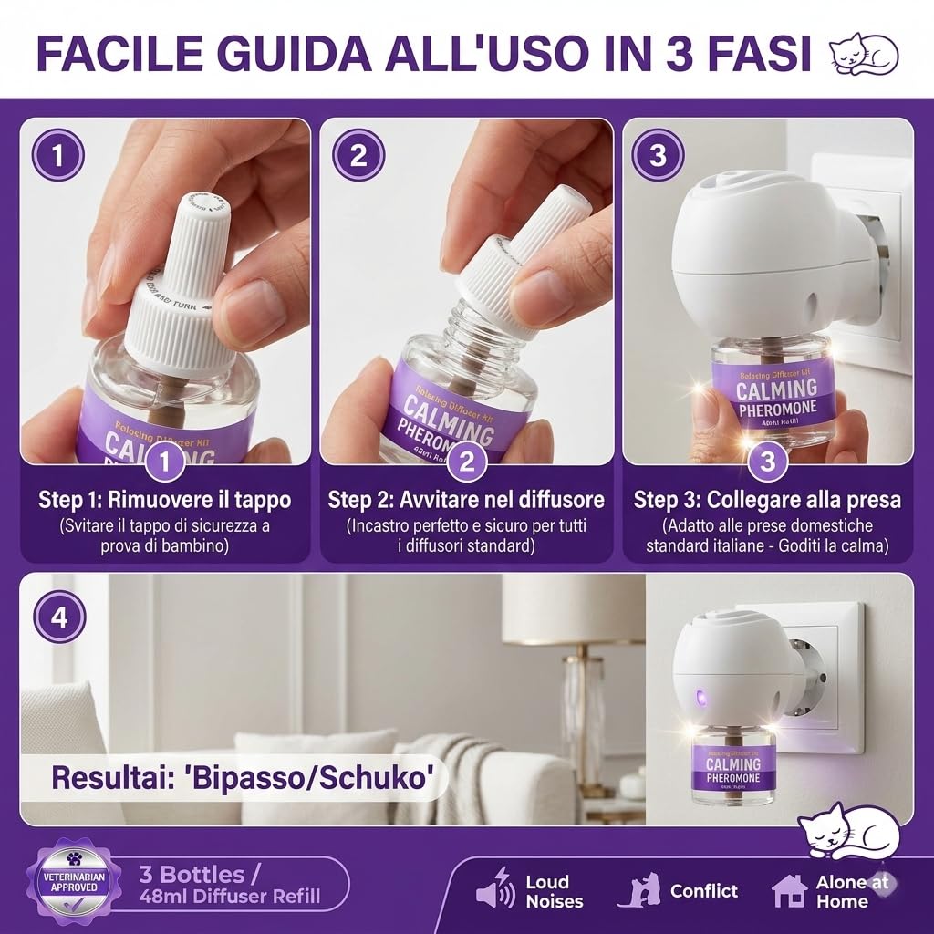 Ricarica Diffusore di Feromoni Calmanti per Animali Domestici – 3 Flaconi da 48 ml – Favorisce Calma e Benessere in Cani e Gatti – Uso Domestico