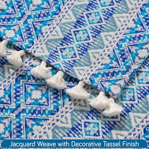 Image of HOKIPO Sofa Cover Mat with Tassel | 300 GSM Cotton Acrylic Jacquard for 2 Seater Sofa,'Trivana Series' Aqua Blue (IN-934-J7*S)