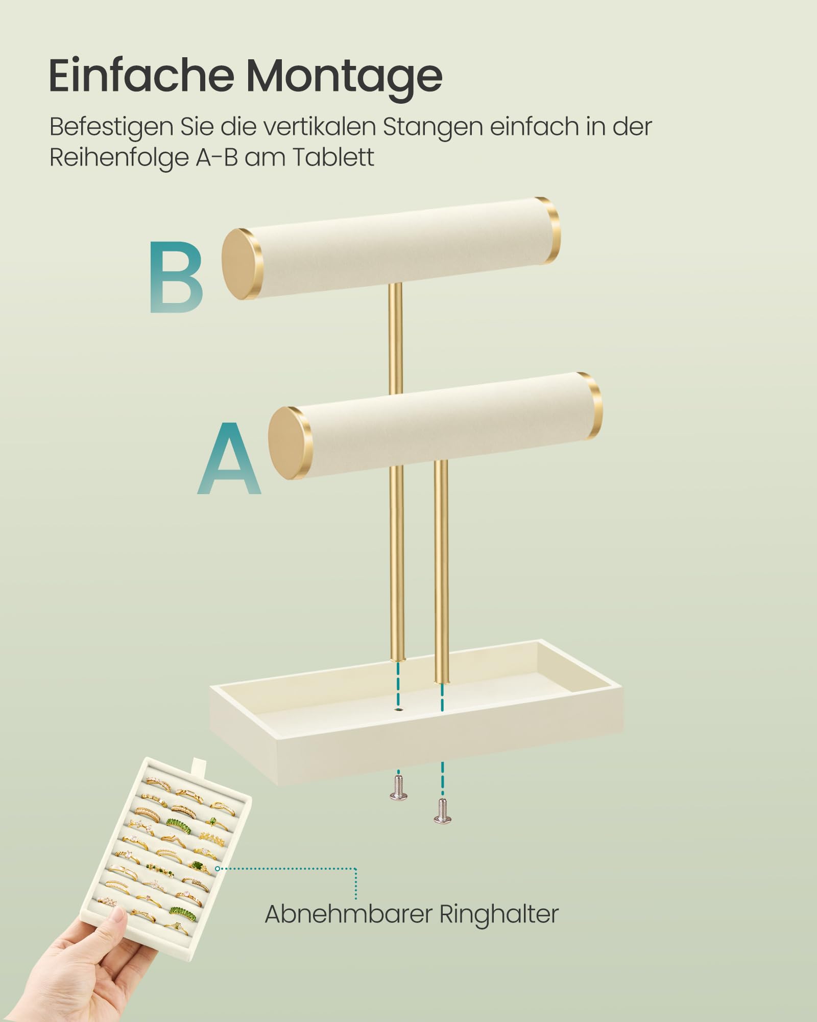 SONGMICS Armbandhalter-Ständer, Schmuck-Display-Ständer, Schmuck-Organizer, mit 3 Ebenen und Samt-Tablett, abnehmbarer Ringhalter, Creme-Weiß und Hellgold JJS039W101