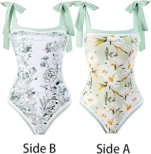 Miniatura 6 de FEMBOY Traje de baño de una pieza para mujer, retro, floral, reversible, con lazo al hombro, cintura alta, cuello cuadrado