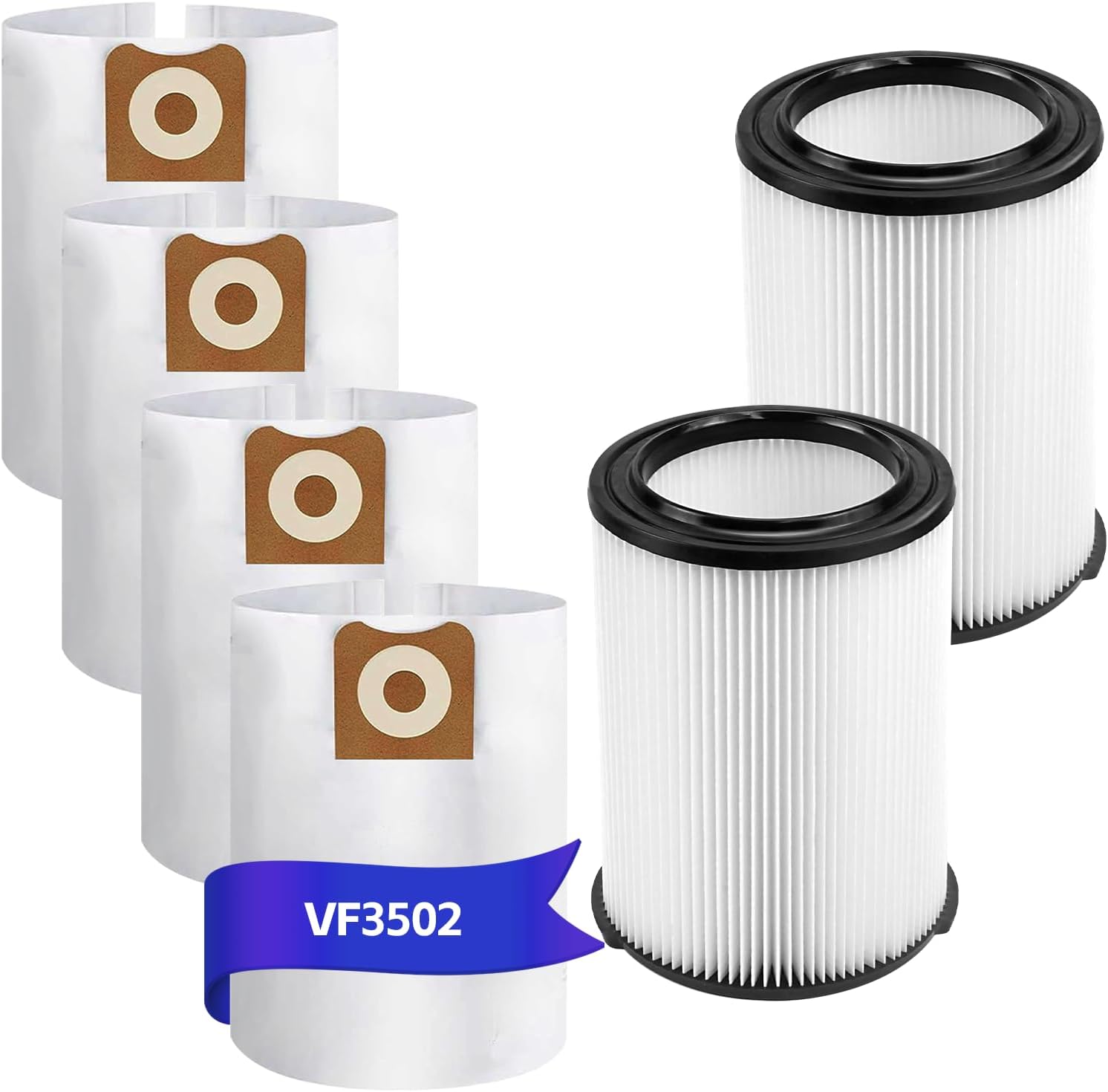 ATXKXE VF6000 Wet or Dry Replacement Filter for Ridgd 5-20 Gallon Vacuums WD5500 WD0671 WD6425 WD7000 WD1280 WD1851 WD1680 WD1956 RV2400A 1400RV RV2600B,2 Pack VF6000 Filters + 4 Pack VF3502 Bags