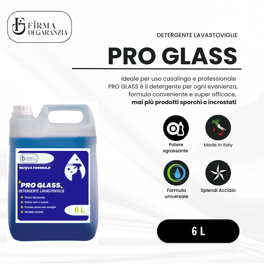 Detergente Lavastoviglie professionale PRO GLASS concentrato liquido, anticalcare disincrostante cristalli e stoviglie per bar e ristoranti | Tanica detergerne 6 KG contentrato - 1pz