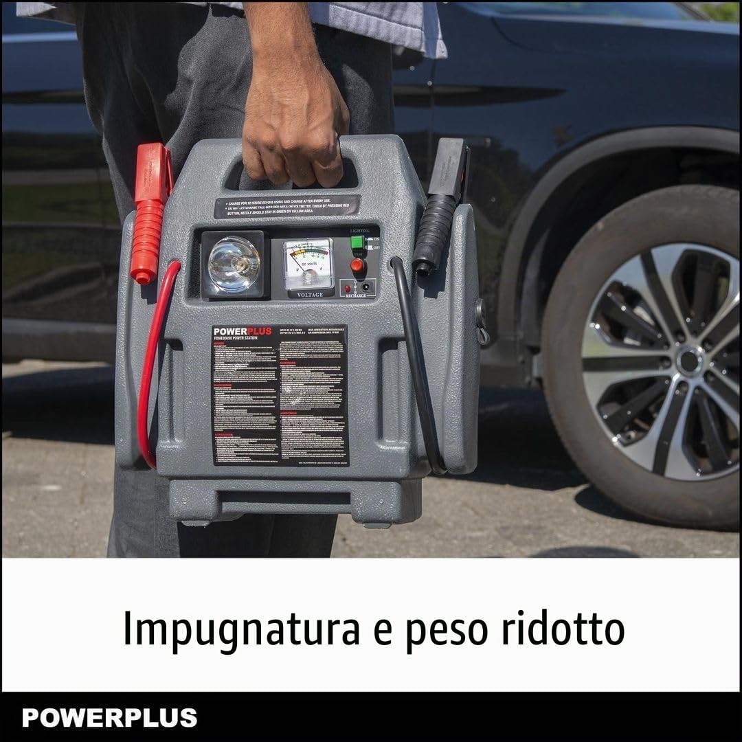 Powerplus POWE80090 4 in 1 Jump Starter Booster- Avviatore Portatile di Emergenza per Auto 900A 12V con compressore, Batteria e Lampada