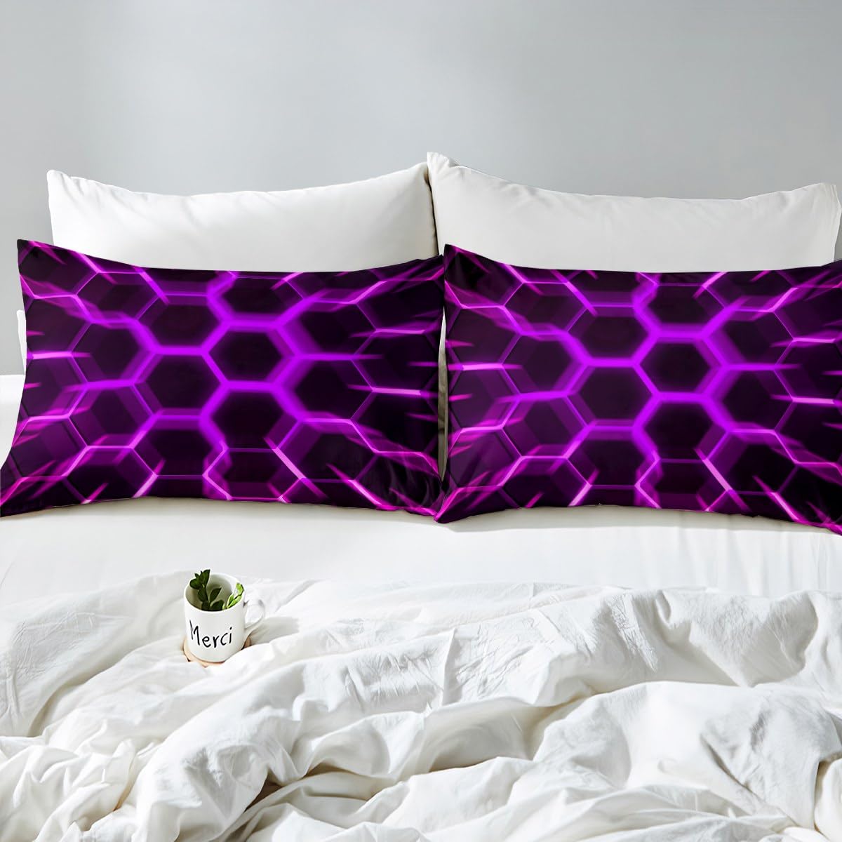 Honeycomb Duvet Cover Black Purple Geometric Hexagonal Pattern Gaming Single Bedding Sets for Girls Kids,3D Hexagon Beehive Comforter Cover Game Room Decor,Glowing Neon Home Decor Bed Set - Image 4