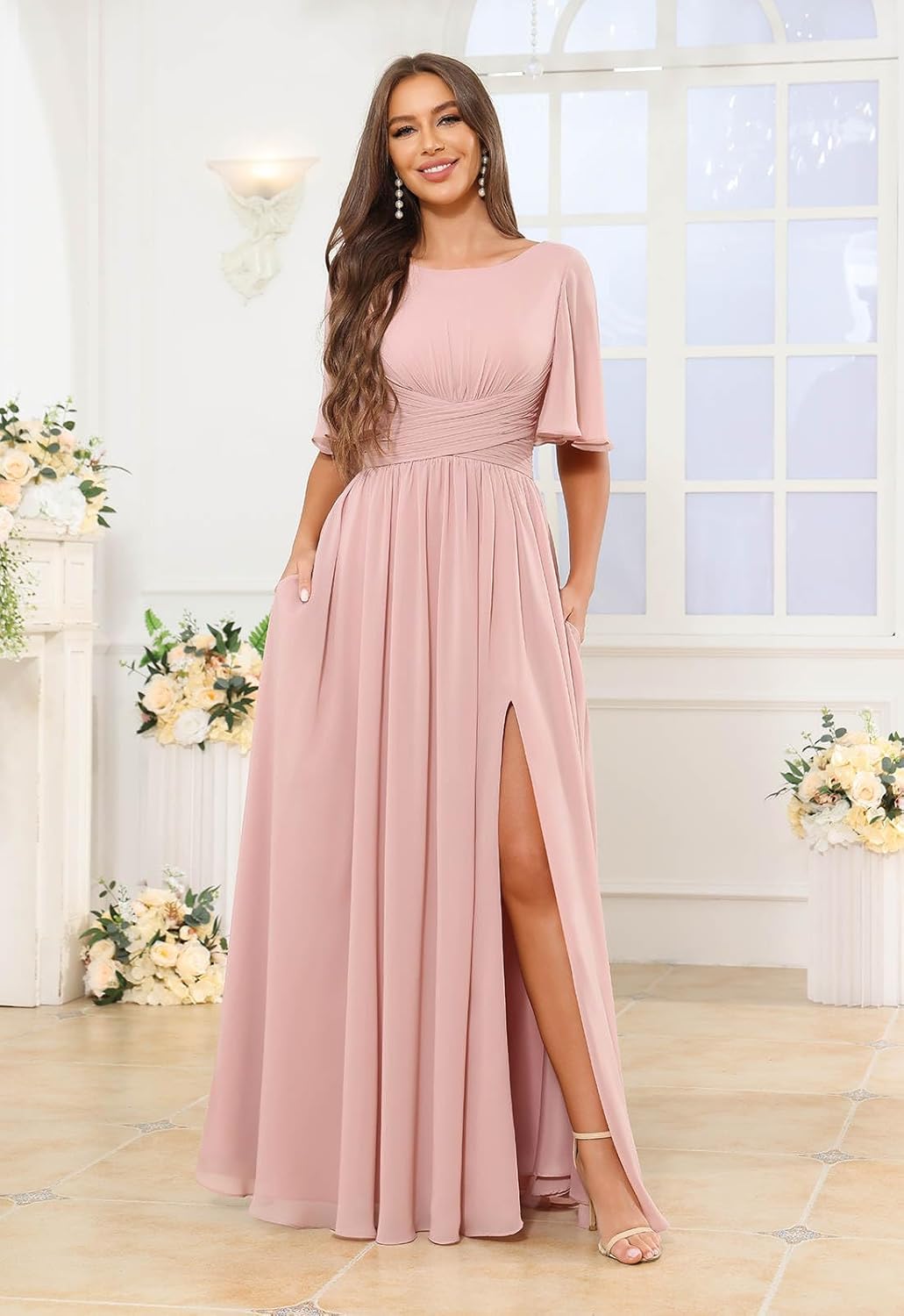 A Line Chiffon Bridesmaid Dresses Long Formal Evening Party Gown with Sleeves Slit - Image 5