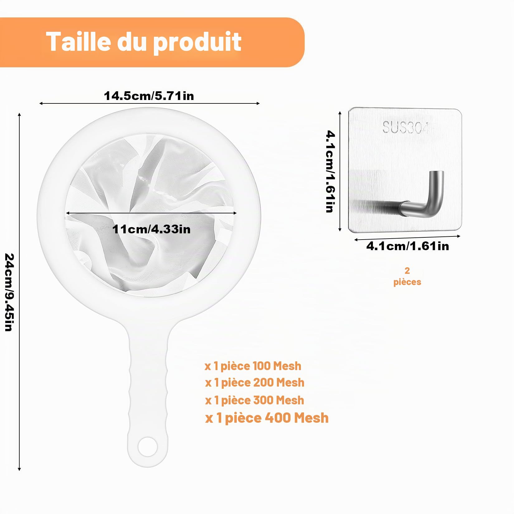 Filtre à Tamis Fin avec Poignée, Alimentaire Filtres en Nylon, 100/200/300/400 Mailles Tamis Cuisine pour Filtrage Jus Lait Café