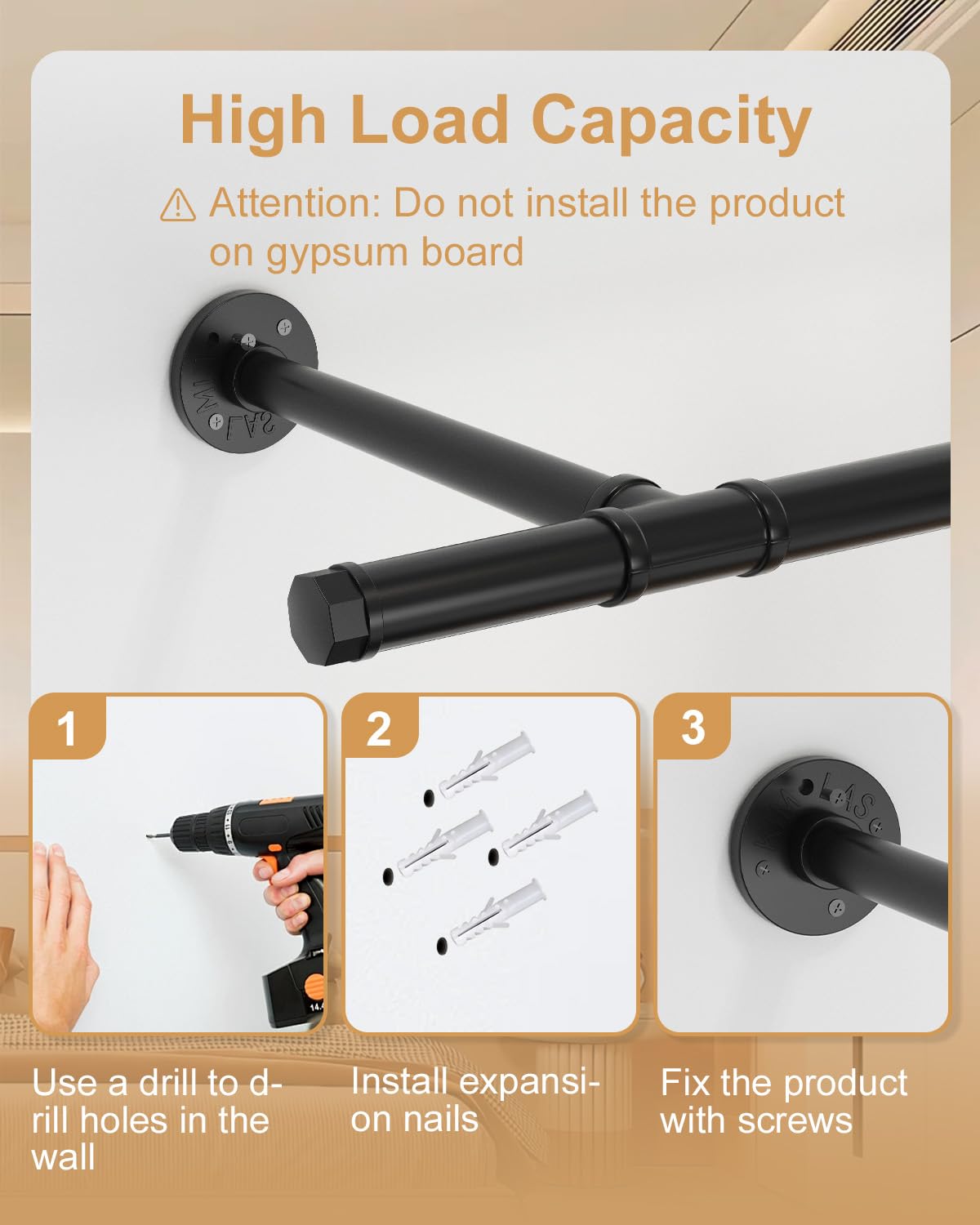 Perchero de Pared Industrial, Metal Removible Vestidor Abierto, Con 3 Bases Para Colgar Ropa, Adecuado Para Dormitorio, Sala De Estar, Armario, 211 cm, 2 Pack, Negro, SG211B-2