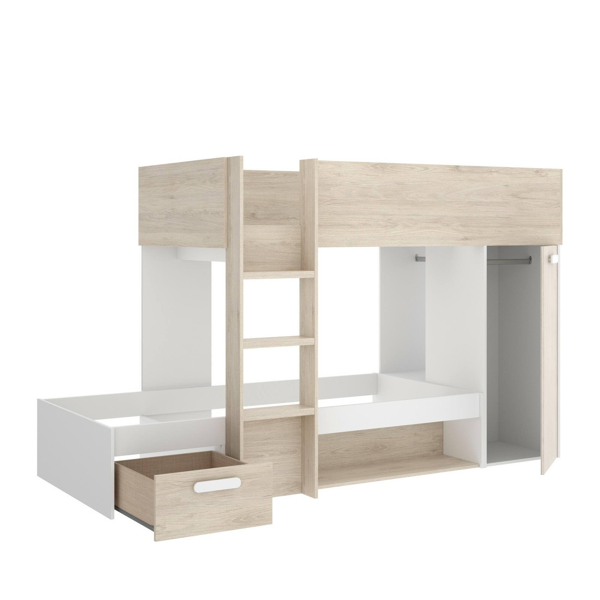 Dmora - Composizione camera da letto Focalone, Stanza da letto completa, Cameretta per bambini, Set per arredo a ponte, 246x112 h150 cm, Bianco e Rovere